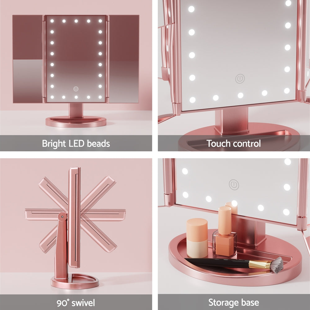 Illuminated Pink Tri-fold Makeup Mirror with 1X/2X/3X Magnification and Portable LED Light