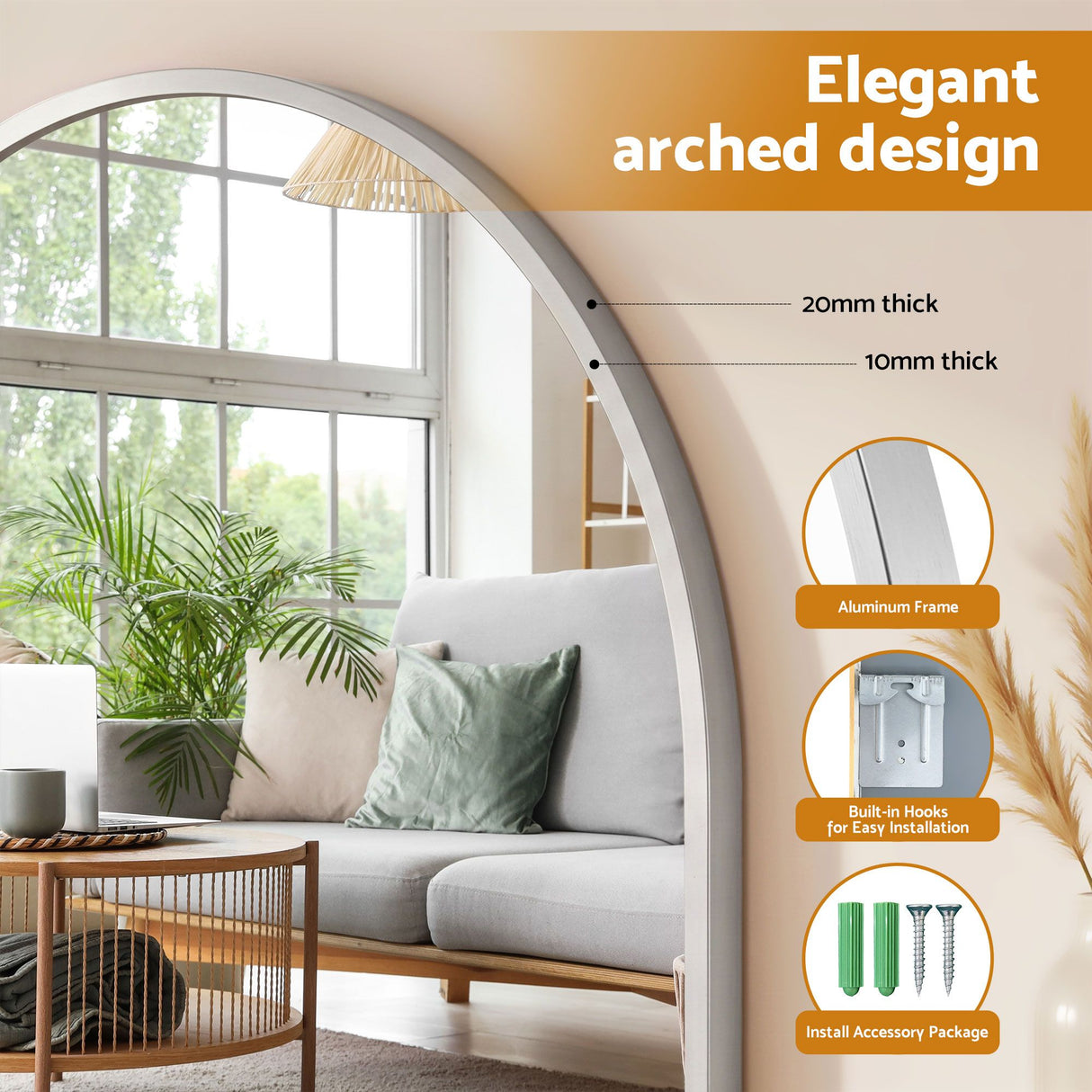 Embellir Arch Wall Mirror, Decorative Silver Frame Mirrors, 86x81cm Bathroom Vanity Mirror, Slim Frame for Living Room Entryway Bedroom Decor