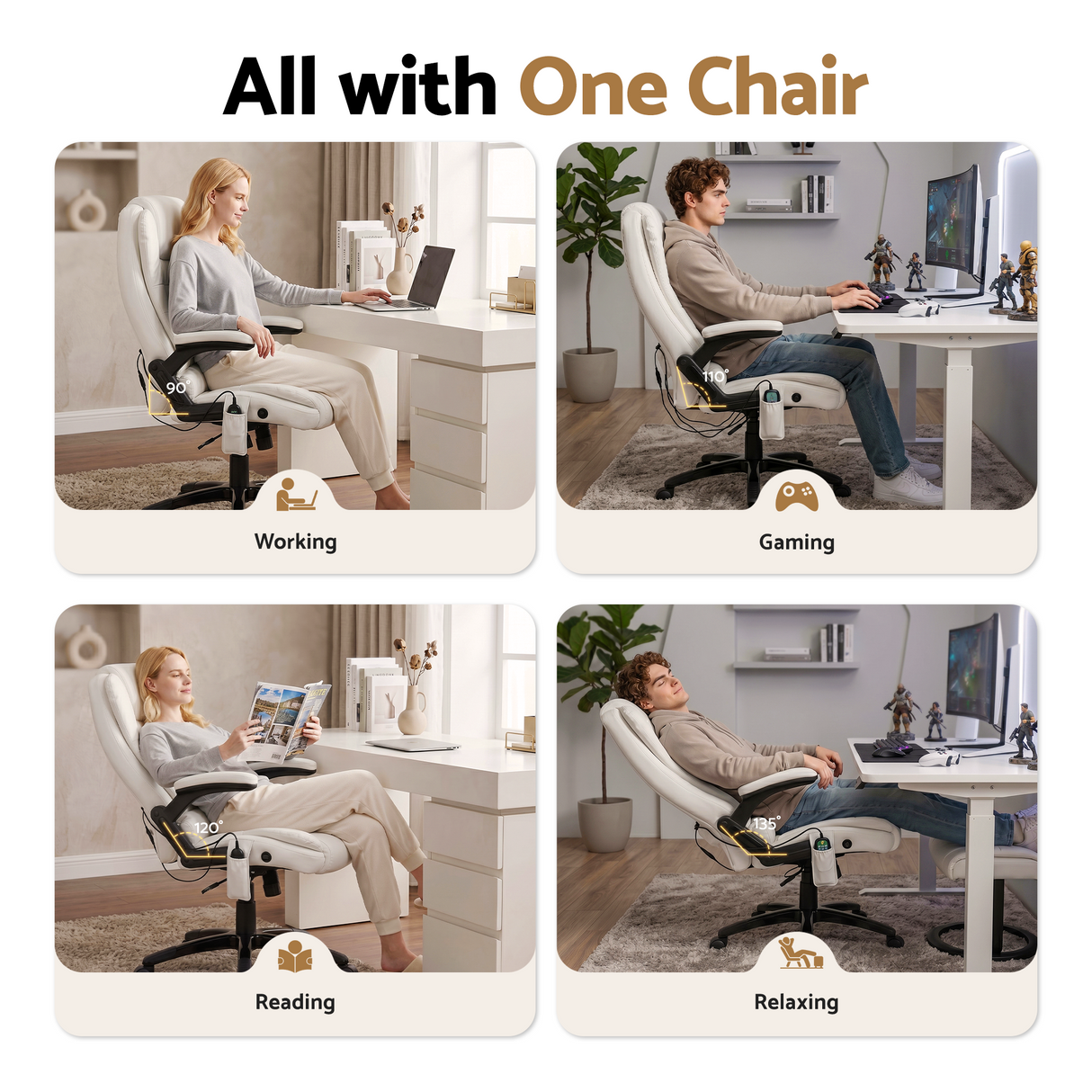 Artiss 8 Point Massage Office Chair Heated Seat Recliner PU White