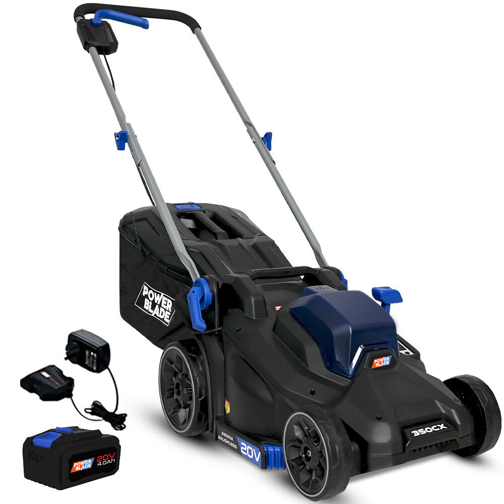 POWERBLADE 350CX 20V 13' Cordless Lawn Mower Kit, Fast Charger, 4Ah Battery, 5 Height, Brushless Electric, 330mm Cutting Path