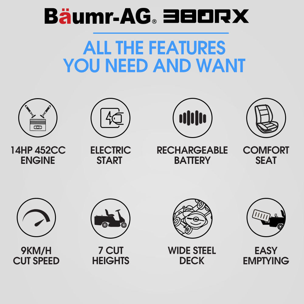 BAUMR-AG 38' Ride On Mower Tractor, Electric Start, 14hp 452cc, Hydrostatic, 100kg Towing, 7 Cut Heights