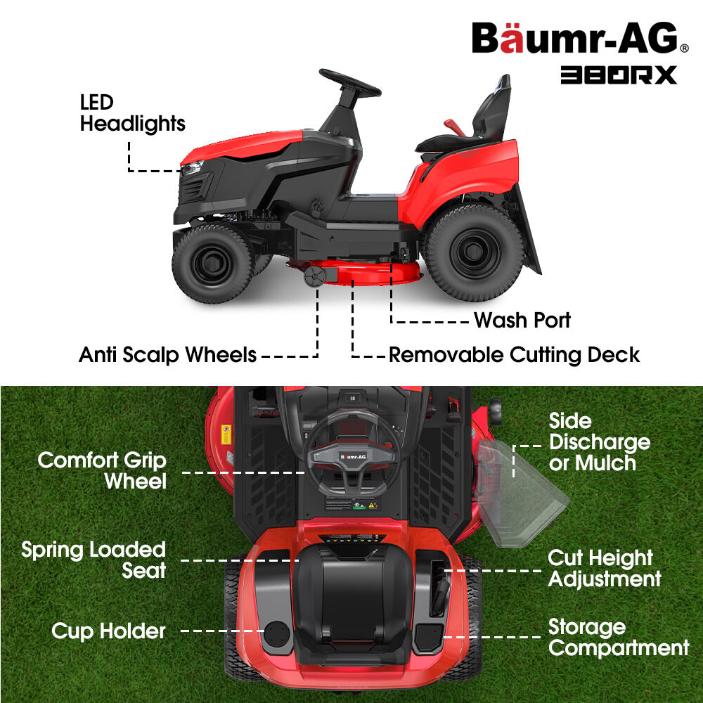 BAUMR-AG 38' Ride On Mower Lawn Tractor, Side Discharge or Mulch, Electric Start, 14hp 452cc, Hydrostatic, 100kg Towing, 7 Cut Heights