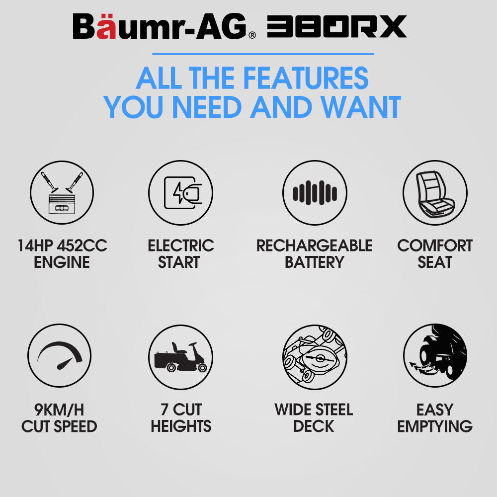 BAUMR-AG 38' Ride On Mower Lawn Tractor, Side Discharge or Mulch, Electric Start, 14hp 452cc, Hydrostatic, 100kg Towing, 7 Cut Heights