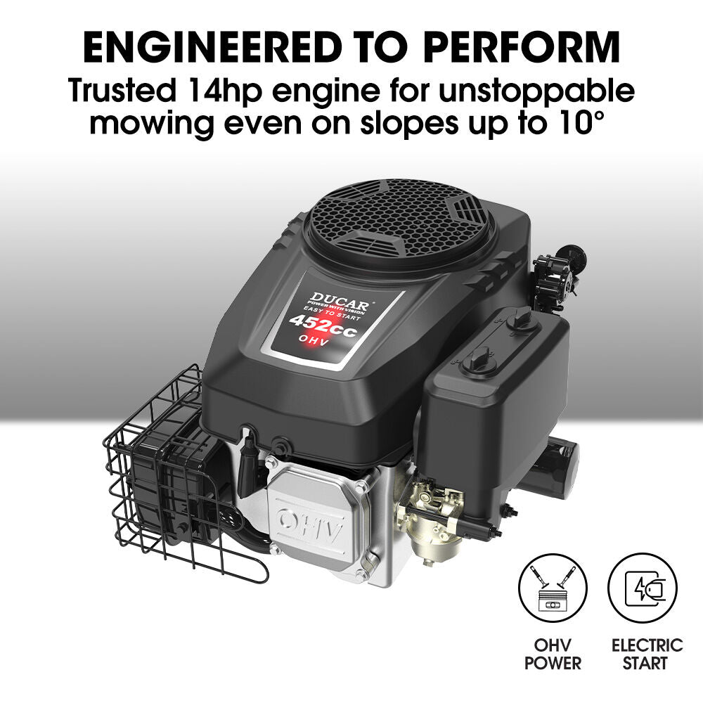 BAUMR-AG 38' Ride On Mower Lawn Tractor, Side Discharge or Mulch, Electric Start, 14hp 452cc, Hydrostatic, 100kg Towing, 7 Cut Heights