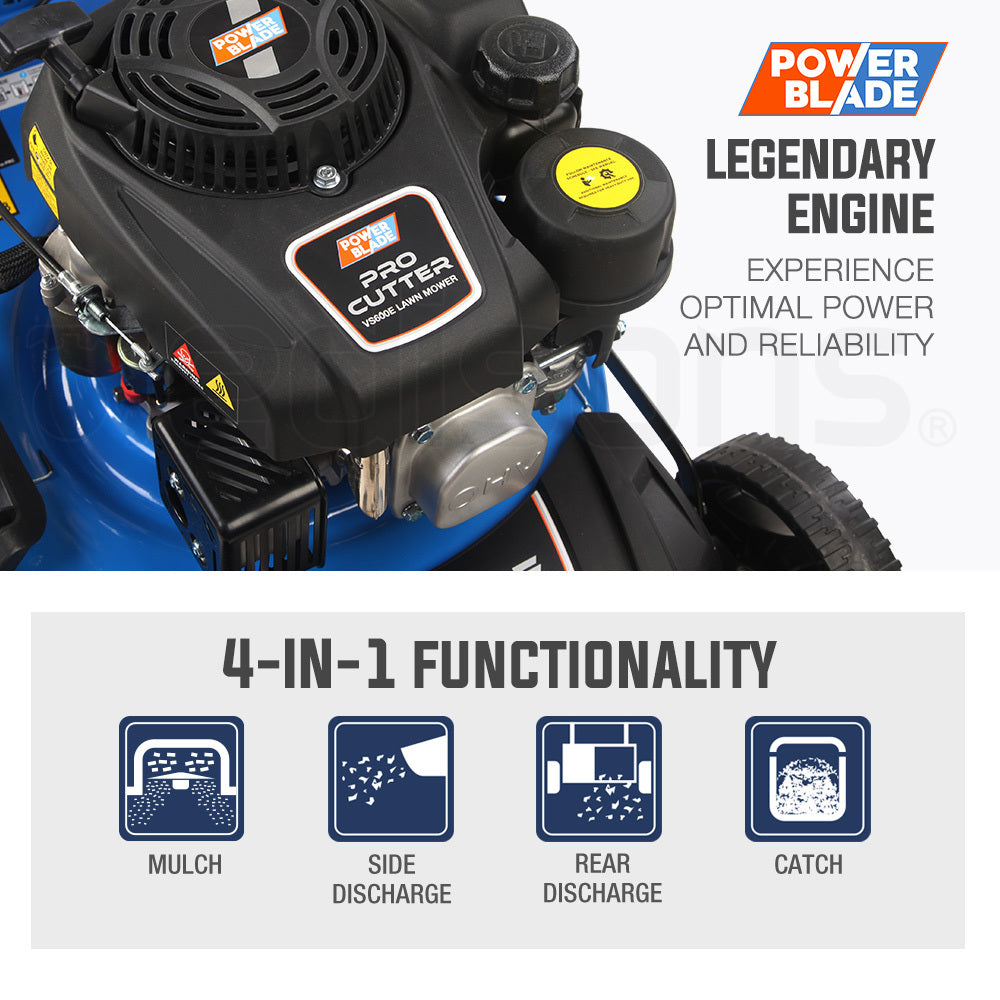 POWERBLADE 18' 175cc Electric Start Self-Propelled 4-Stroke 4in1 Petrol Steel Deck Lawnmower - VS600e