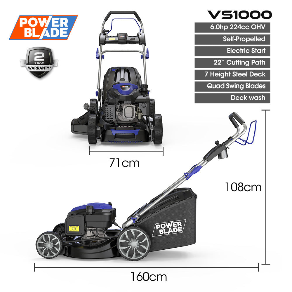 PowerBlade 22' 224cc Self-Propelled Lawn Mower, Electric Start, 7 Height, Steel Deck, Deck Wash Port