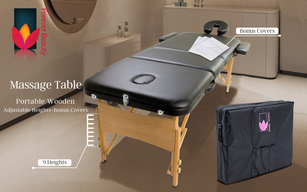 70cm Wooden Portable Massage Table - BLACK