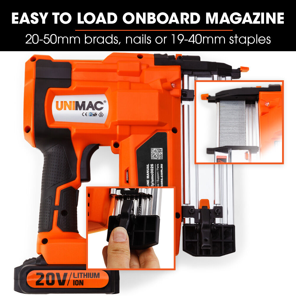 UNIMAC CLS500 15-50mm 18ga 2-in-1 Stapler/Brad Nail Gun, Cordless 20V Lithium Nailer