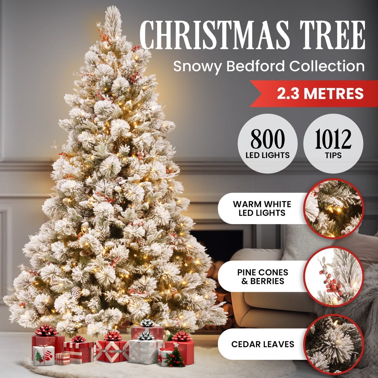 Christabelle 229cm Snowy Bedford Christmas Tree 1012 tips 800 LED Lights