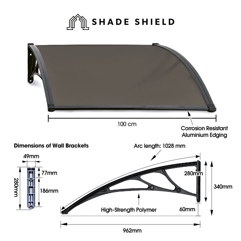 SHADE SHIELD 1x1m Exterior Awning, Black DIY External UV Rain Protection Grey Tinted Polycarbonate Canopy Cover