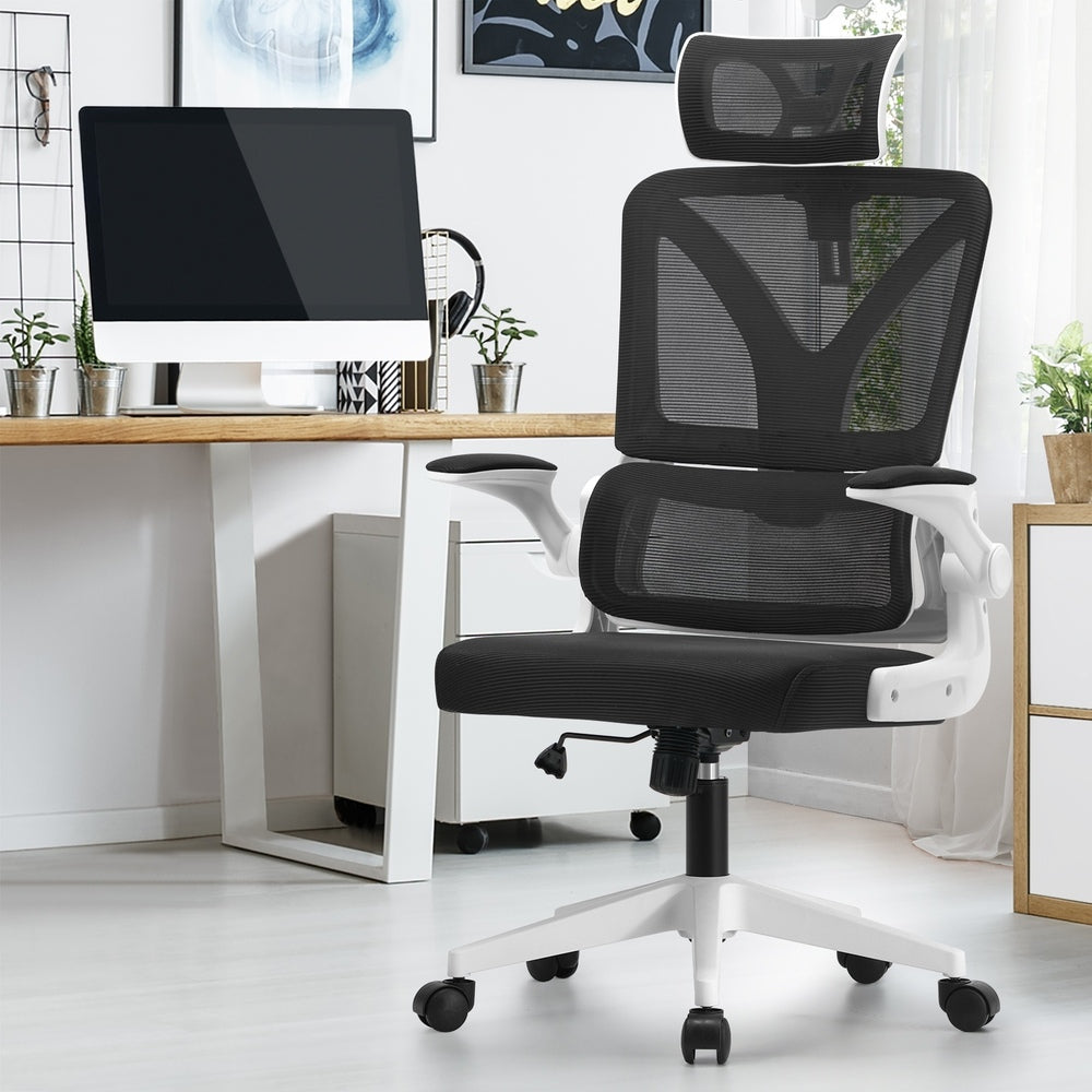 Oikiture Mesh Office Chair D-Shape Back Support White&Black