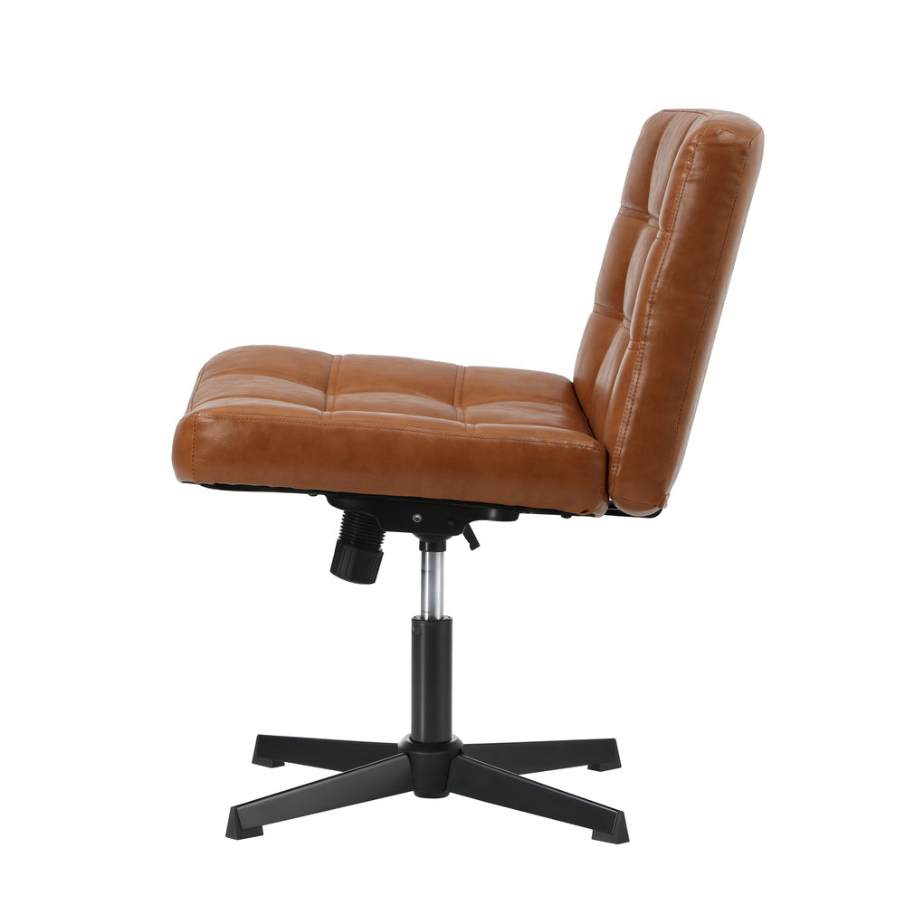 Oikiture Mid Back Office Chair Wide Seat Leather Brown No Wheels