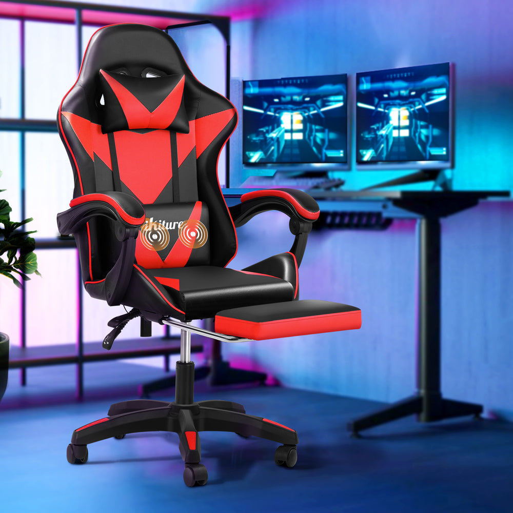 Oikiture Gaming Chair with Footrest and Massage Pillow Black&Red