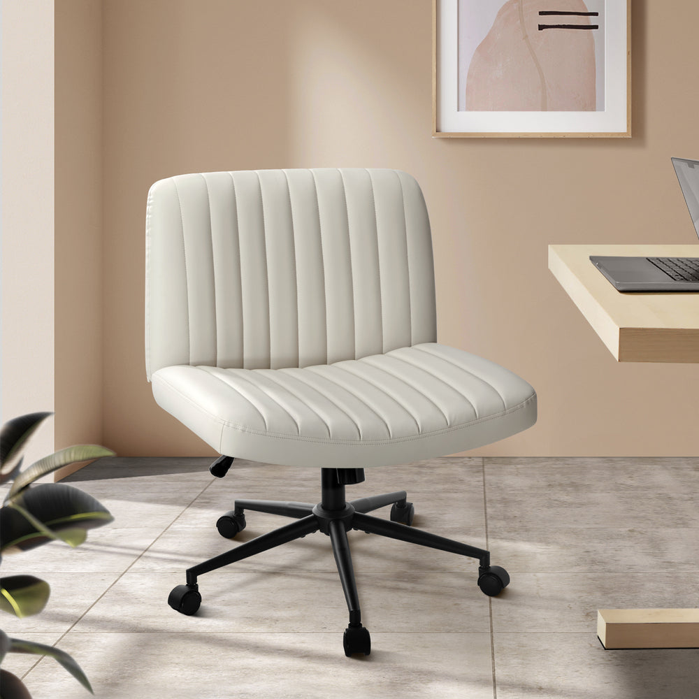 Oikiture Mid Back Office Chair Wide Seat with Wheels Leather Beige