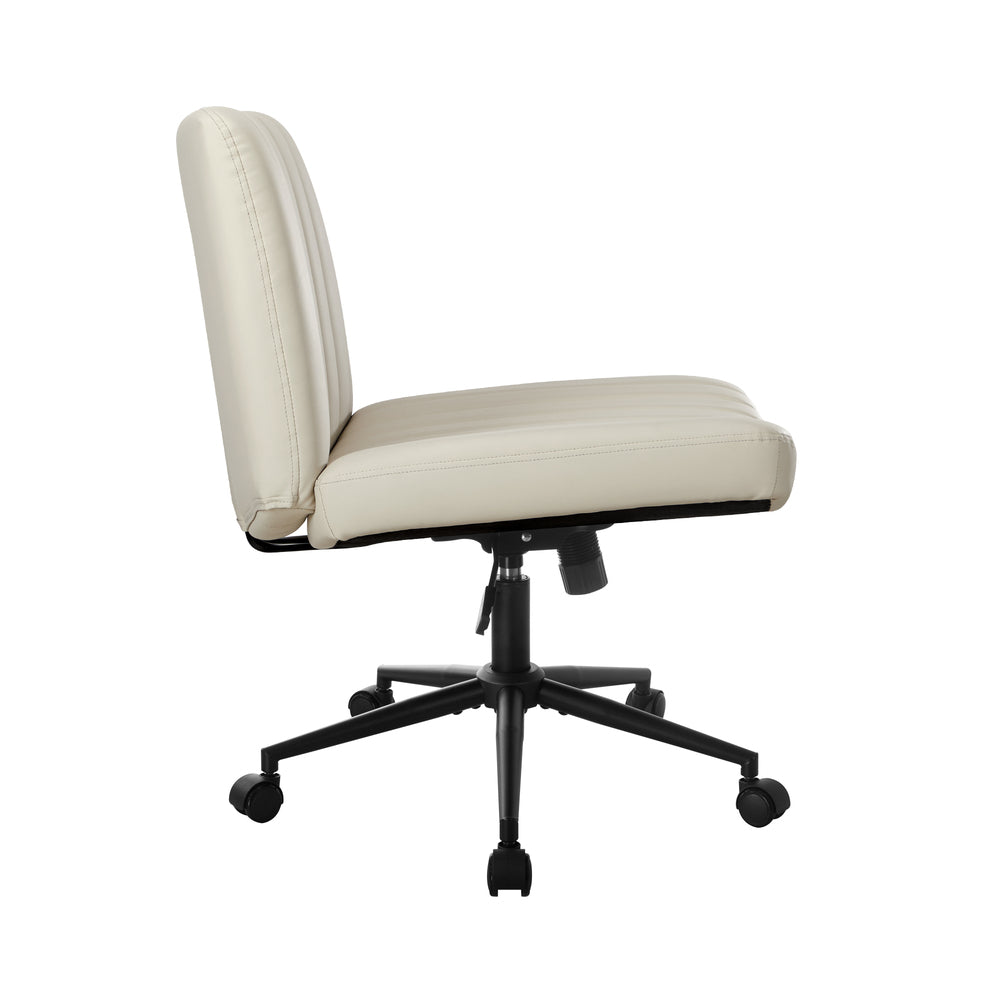 Oikiture Mid Back Office Chair Wide Seat with Wheels Leather Beige