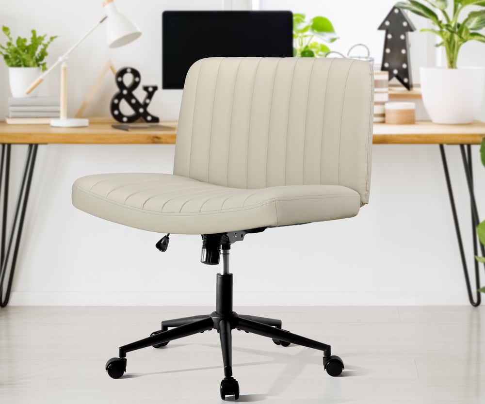 Oikiture Mid Back Office Chair Wide Seat with Wheels Leather Beige