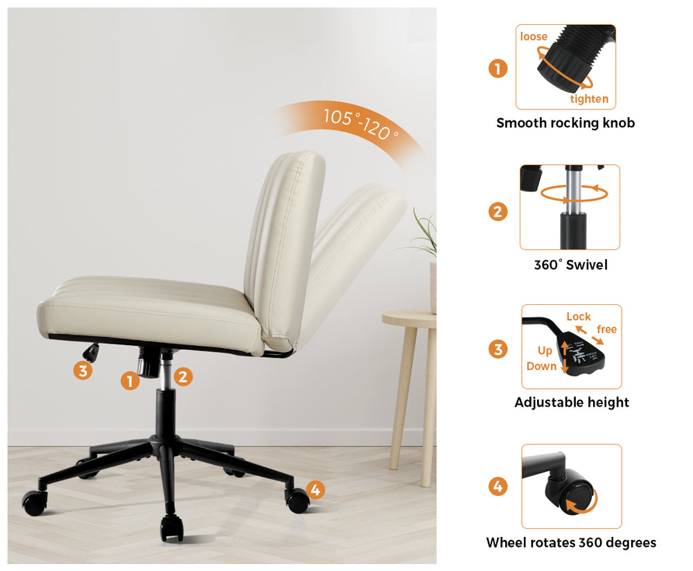 Oikiture Mid Back Office Chair Wide Seat with Wheels Leather Beige