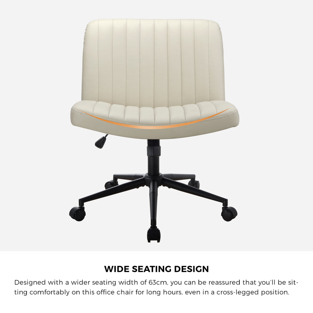 Oikiture Mid Back Office Chair Wide Seat with Wheels Leather Beige