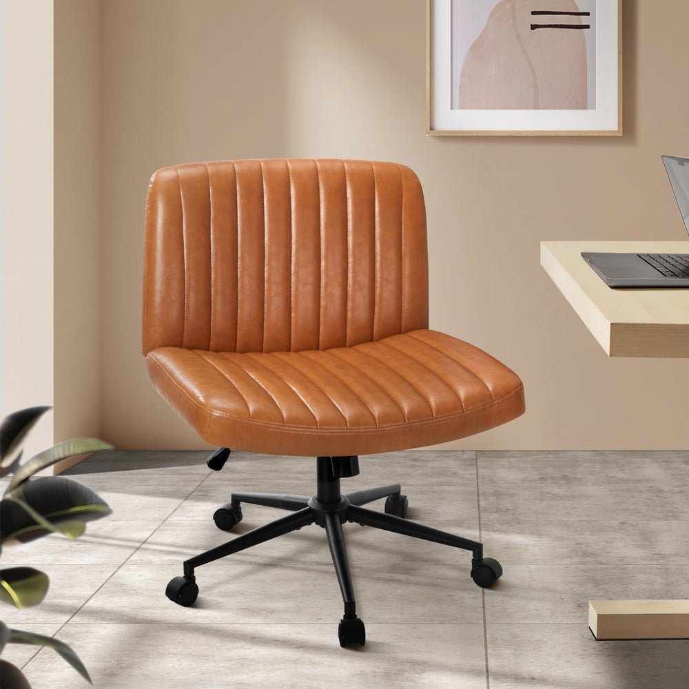 Oikiture Mid Back Office Chair Wide Seat with Wheels Leather Brown