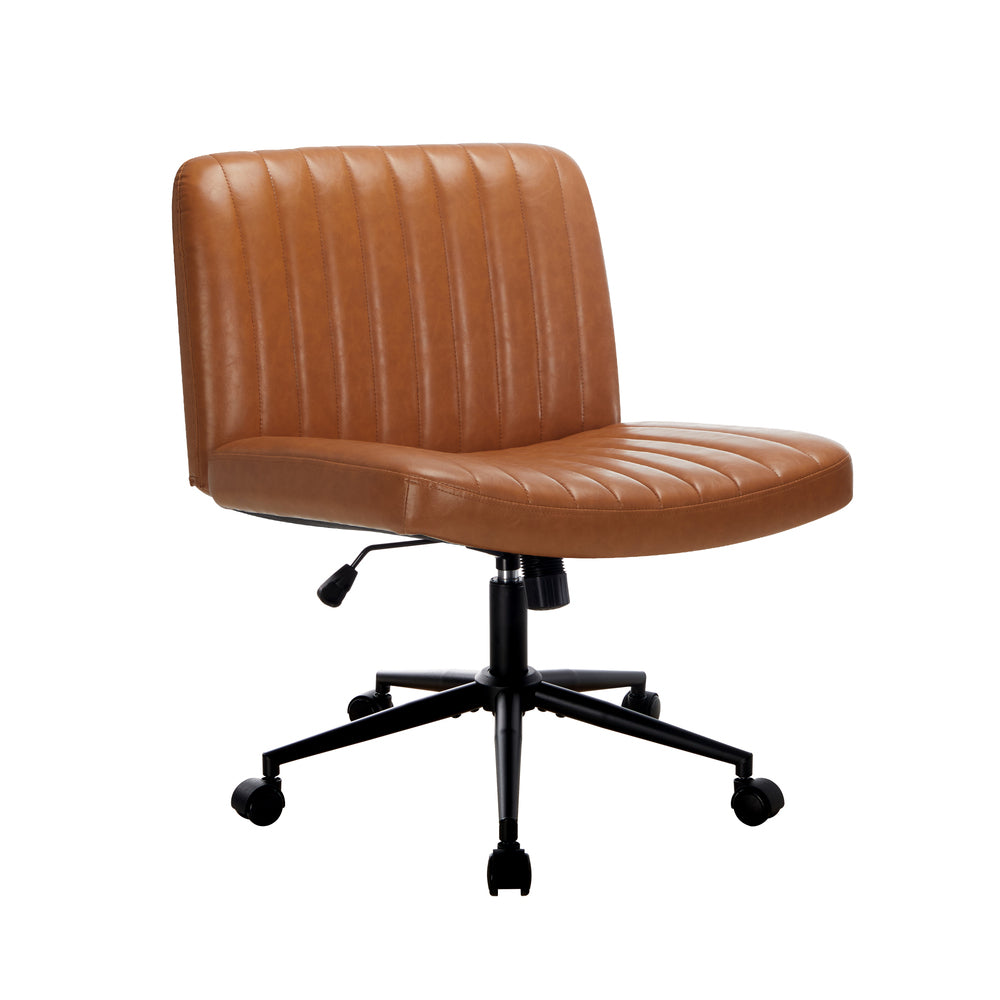 Oikiture Mid Back Office Chair Wide Seat with Wheels Leather Brown
