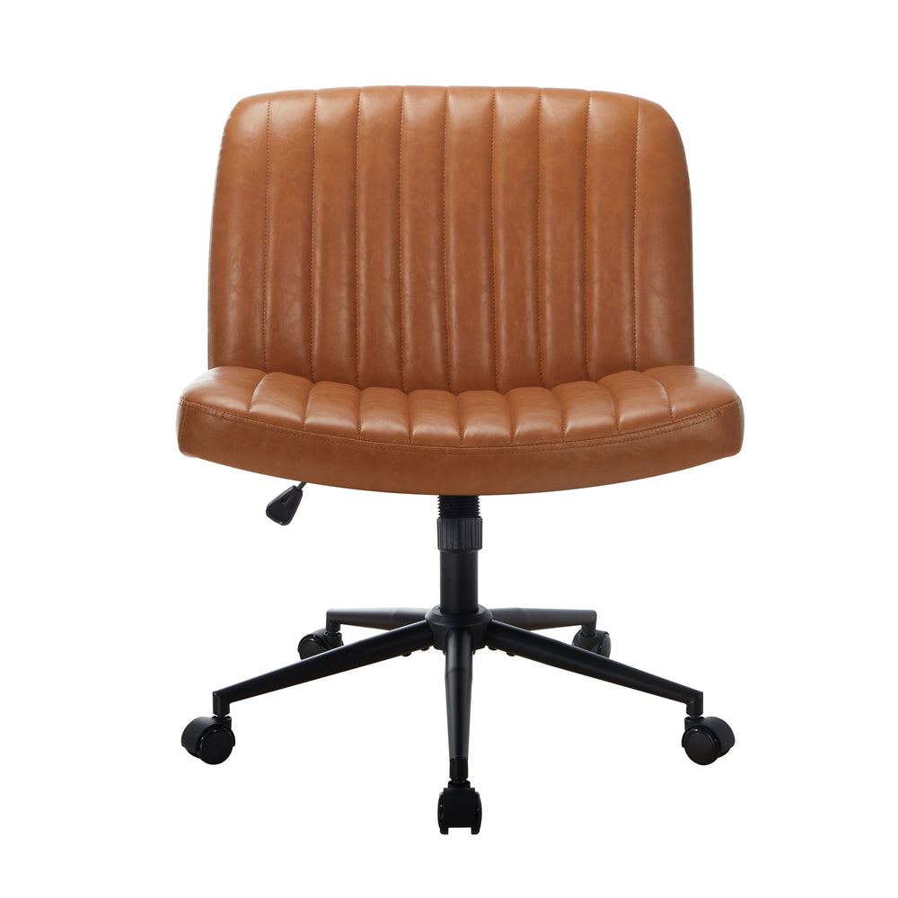 Oikiture Mid Back Office Chair Wide Seat with Wheels Leather Brown