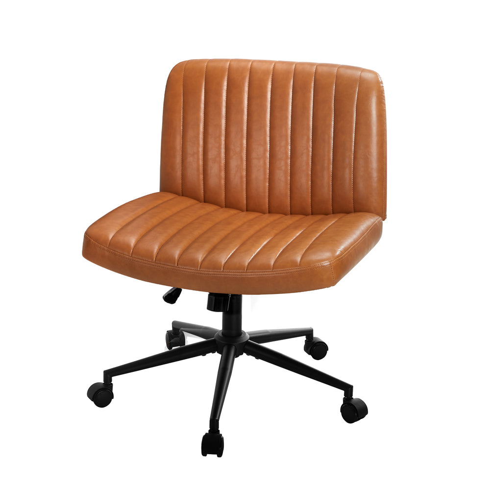 Oikiture Mid Back Office Chair Wide Seat with Wheels Leather Brown