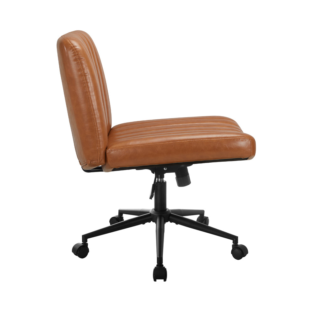 Oikiture Mid Back Office Chair Wide Seat with Wheels Leather Brown
