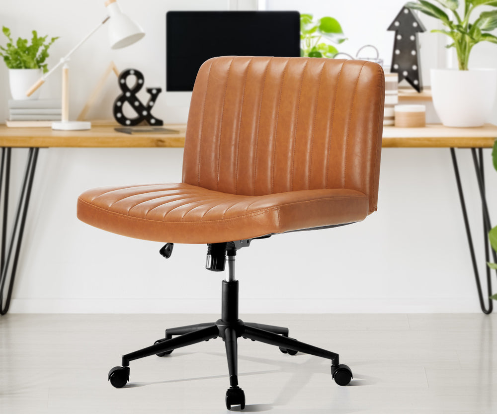 Oikiture Mid Back Office Chair Wide Seat with Wheels Leather Brown