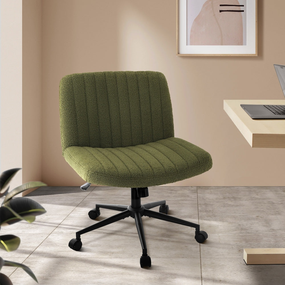 Oikiture Mid Back Armless Office Chair Wide Seat with Wheels Sherpa Green