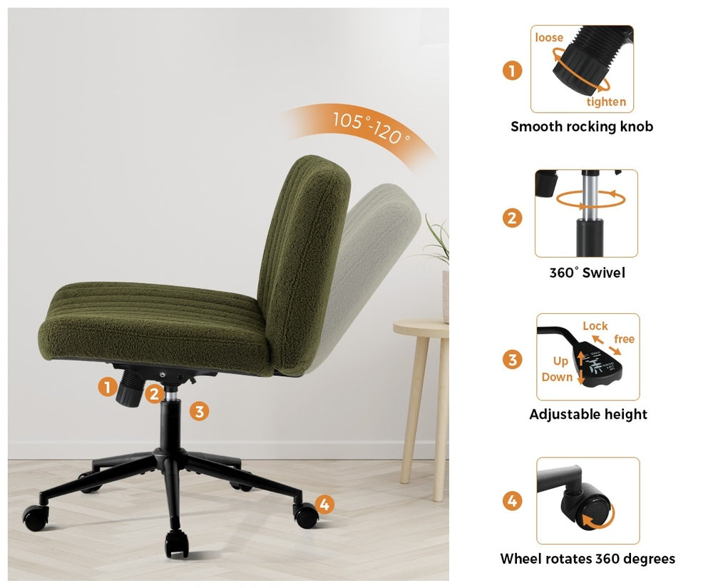 Oikiture Mid Back Armless Office Chair Wide Seat with Wheels Sherpa Green