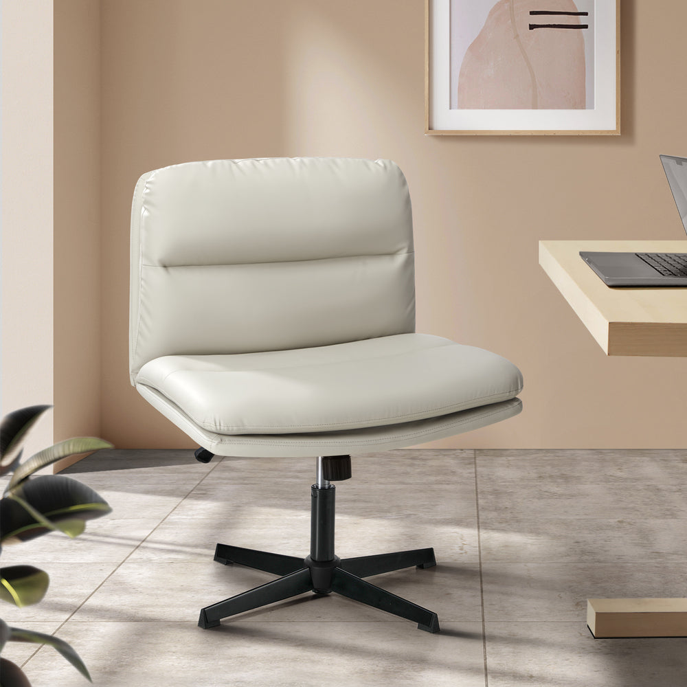 Oikiture Mid Back Armless Office Chair Wide Seat Leather Beige