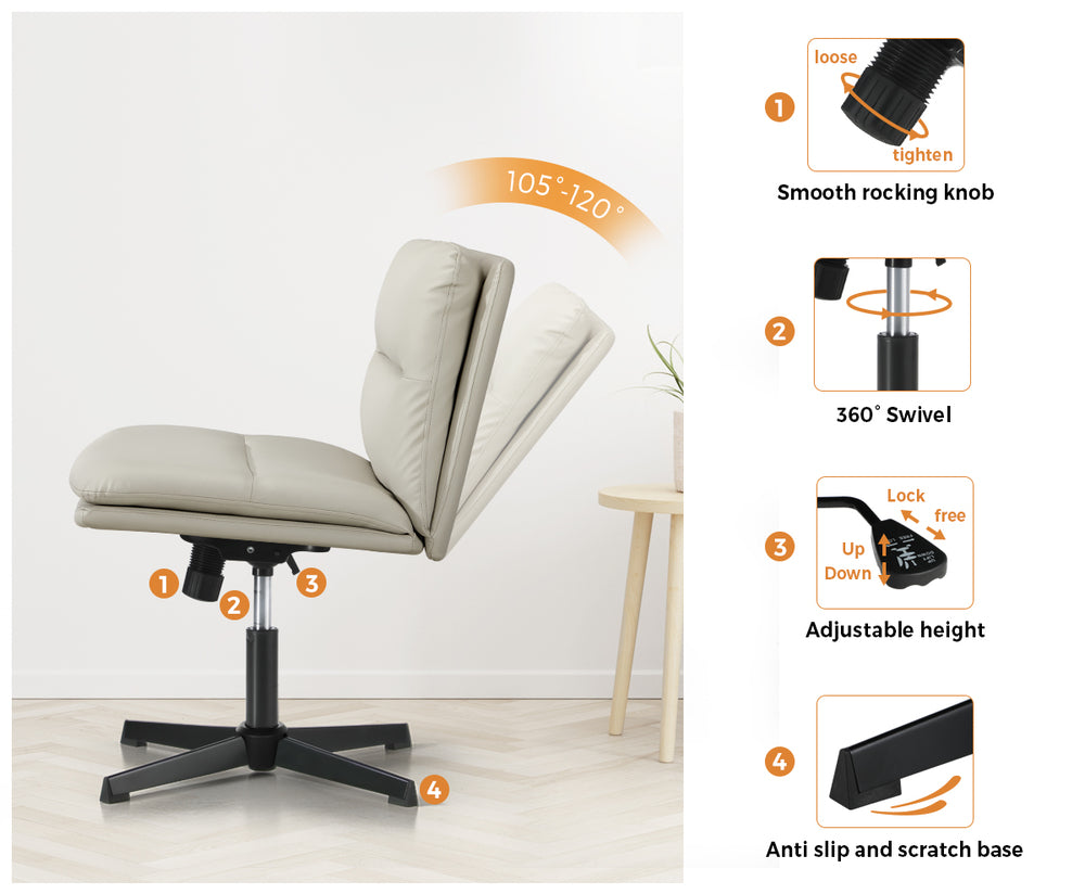 Oikiture Mid Back Armless Office Chair Wide Seat Leather Beige