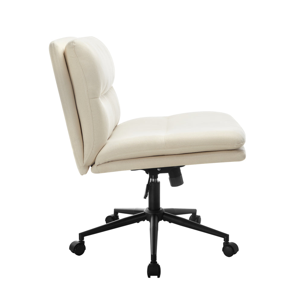 Oikiture Mid Back Office Chair Wide Seat Linen Beige with Wheels