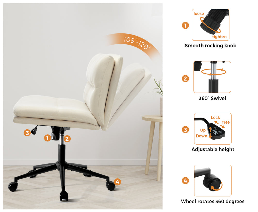 Oikiture Mid Back Office Chair Wide Seat Linen Beige with Wheels