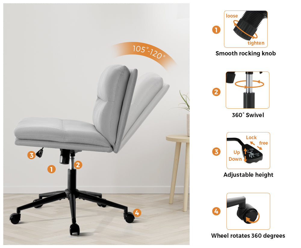 Oikiture Mid Back Office Chair Wide Seat Linen Grey with Wheels