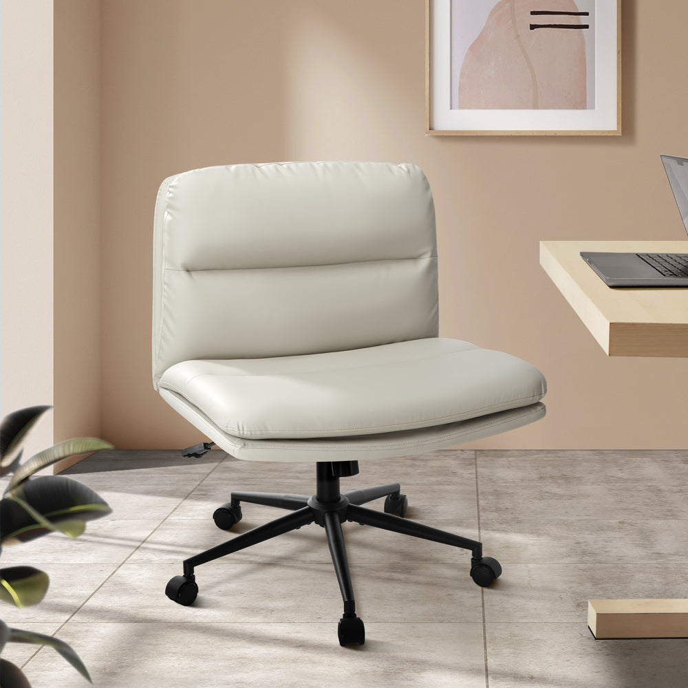 Oikiture Mid Back Office Chair Wide Seat Leather Beige with Wheels