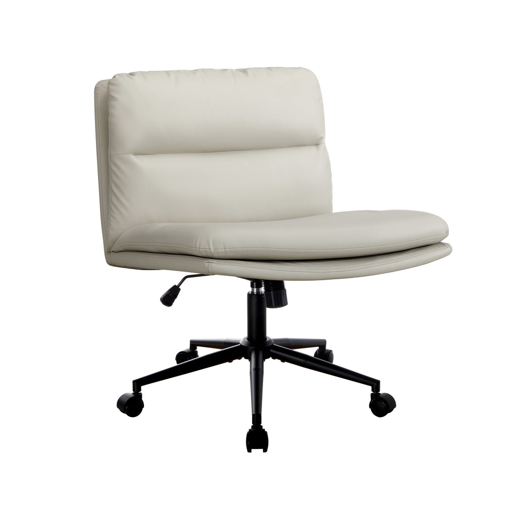 Oikiture Mid Back Office Chair Wide Seat Leather Beige with Wheels