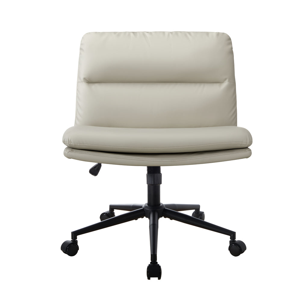 Oikiture Mid Back Office Chair Wide Seat Leather Beige with Wheels