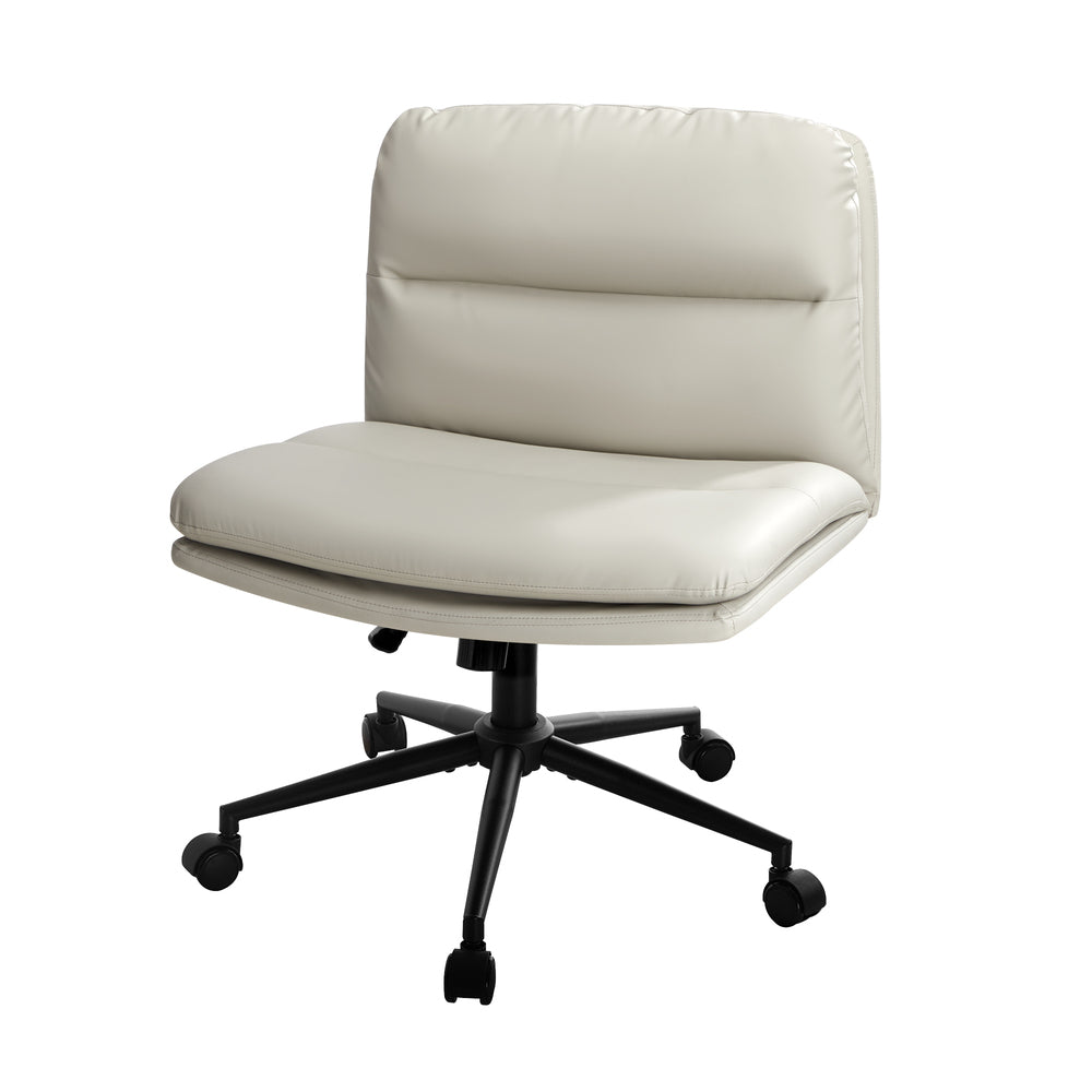 Oikiture Mid Back Office Chair Wide Seat Leather Beige with Wheels