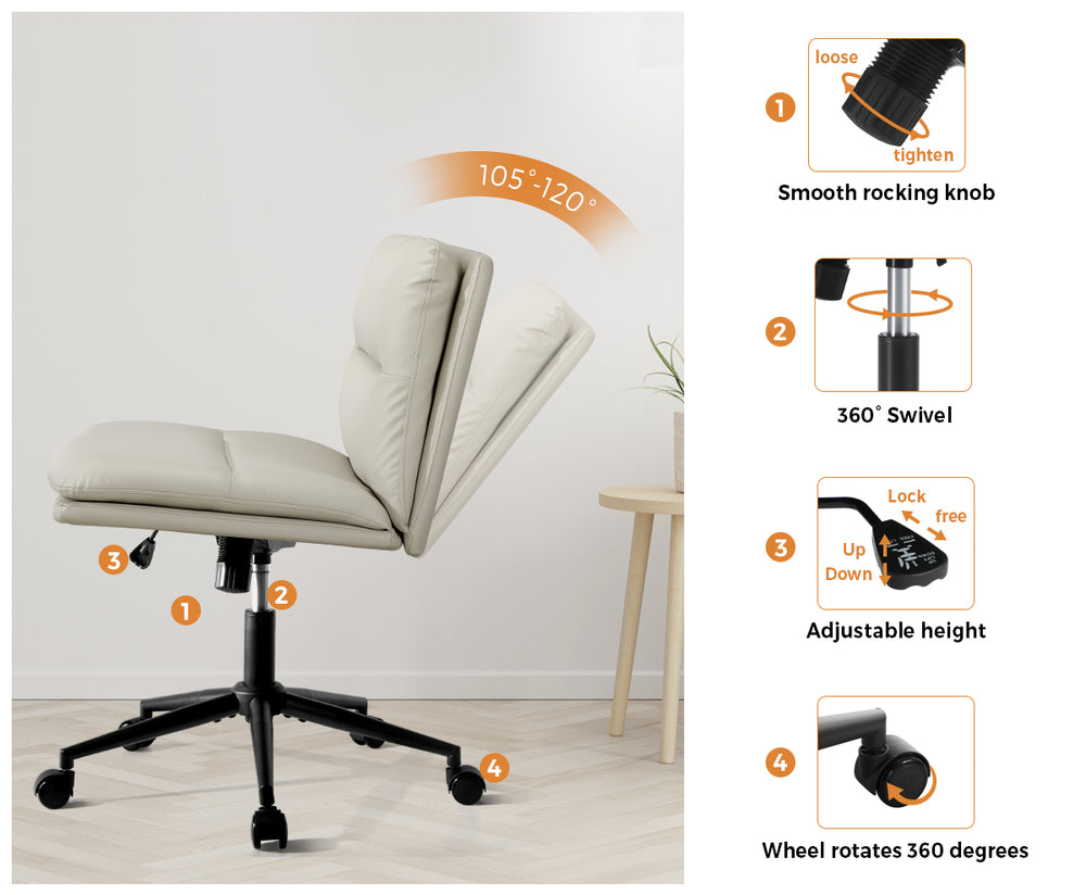 Oikiture Mid Back Office Chair Wide Seat Leather Beige with Wheels