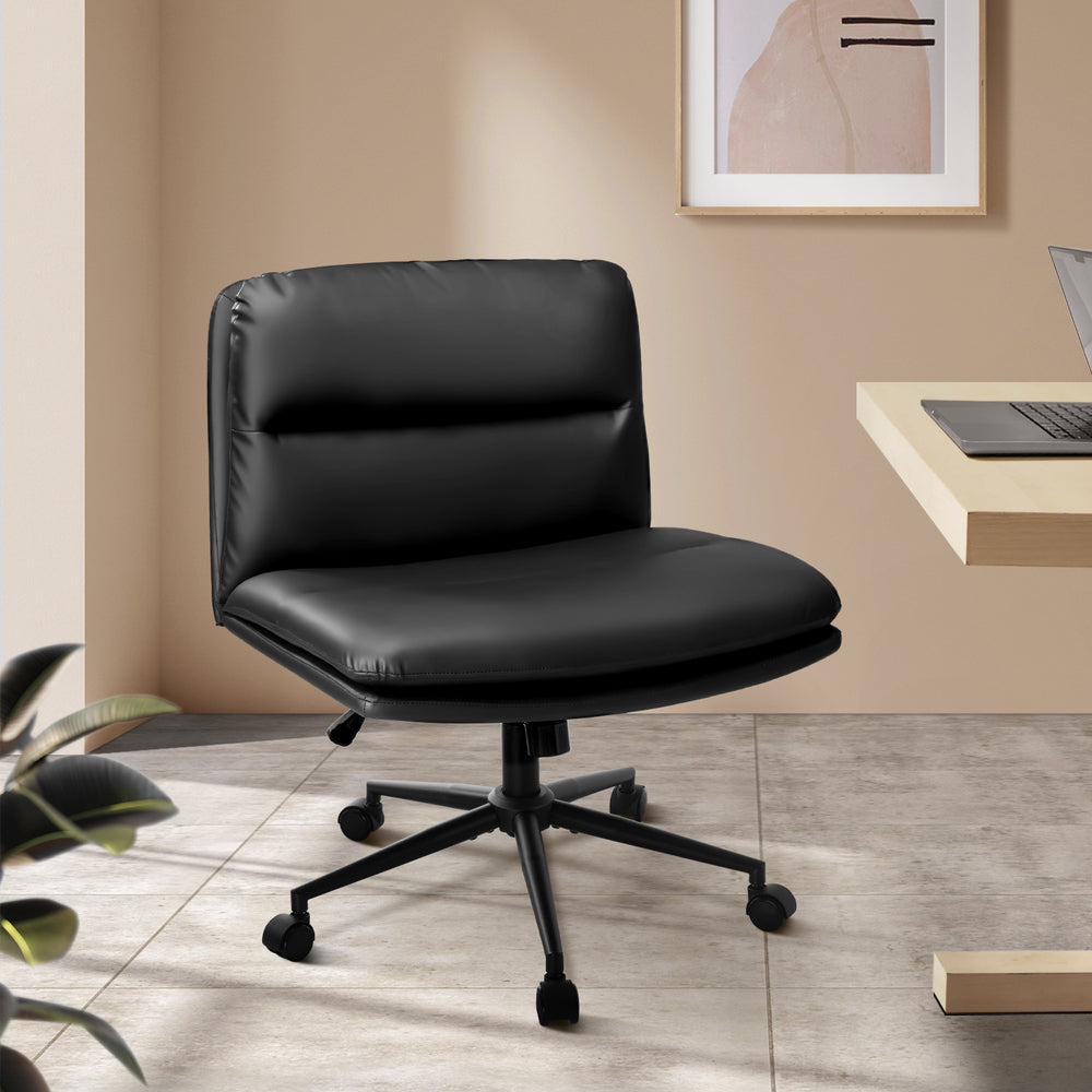 Oikiture Mid Back Office Chair Wide Seat Leather Black with Wheels