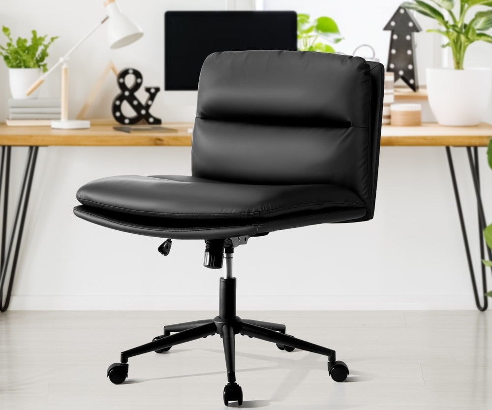 Oikiture Mid Back Office Chair Wide Seat Leather Black with Wheels