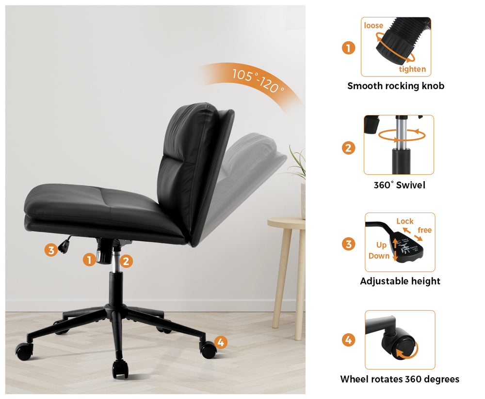 Oikiture Mid Back Office Chair Wide Seat Leather Black with Wheels