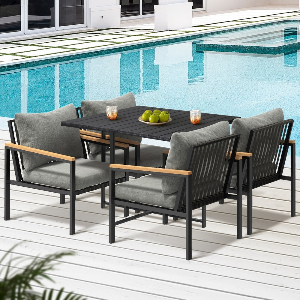 Livsip 4 Seater Outdoor Dining Set Wood-Plastic Black Table and Sofa Chairs
