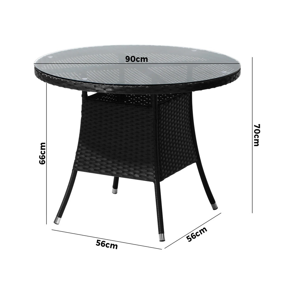 Livsip Outdoor Dining Table 90CM Glass Tabletop Black Rattan