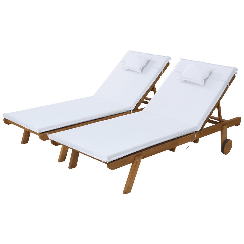 Gardeon 2x Sun Lounge Wooden Lounger Outdoor Furniture Day Bed Wheel Patio White
