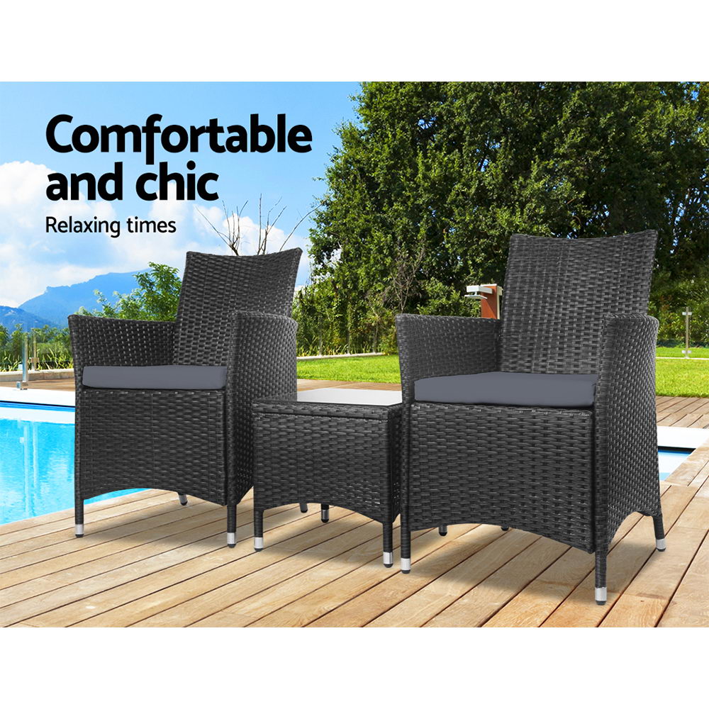 Gardeon 3PC Outdoor Bistro Set Patio Furniture Wicker Setting Chairs Table Cushion Black