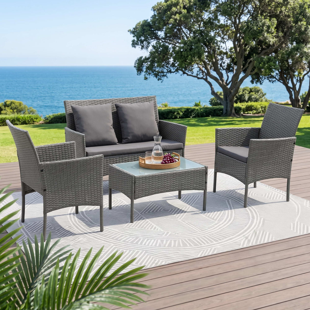 Gardeon 4-Piece Outdoor Sofa Set Rattan Furniture with Two Pillows Grey
