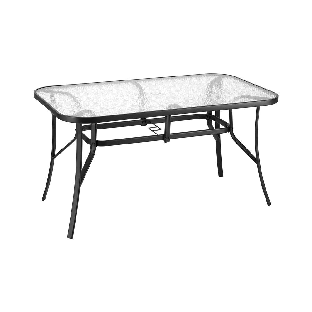 Gardeon 140CM Outdoor Dining Table Steel Frame Tempered Glass Parasol Hole Black