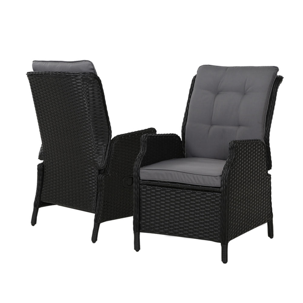 Gardeon 2PC Recliner Chair Sun lounge Wicker Lounger Outdoor Furniture Adjustable Black